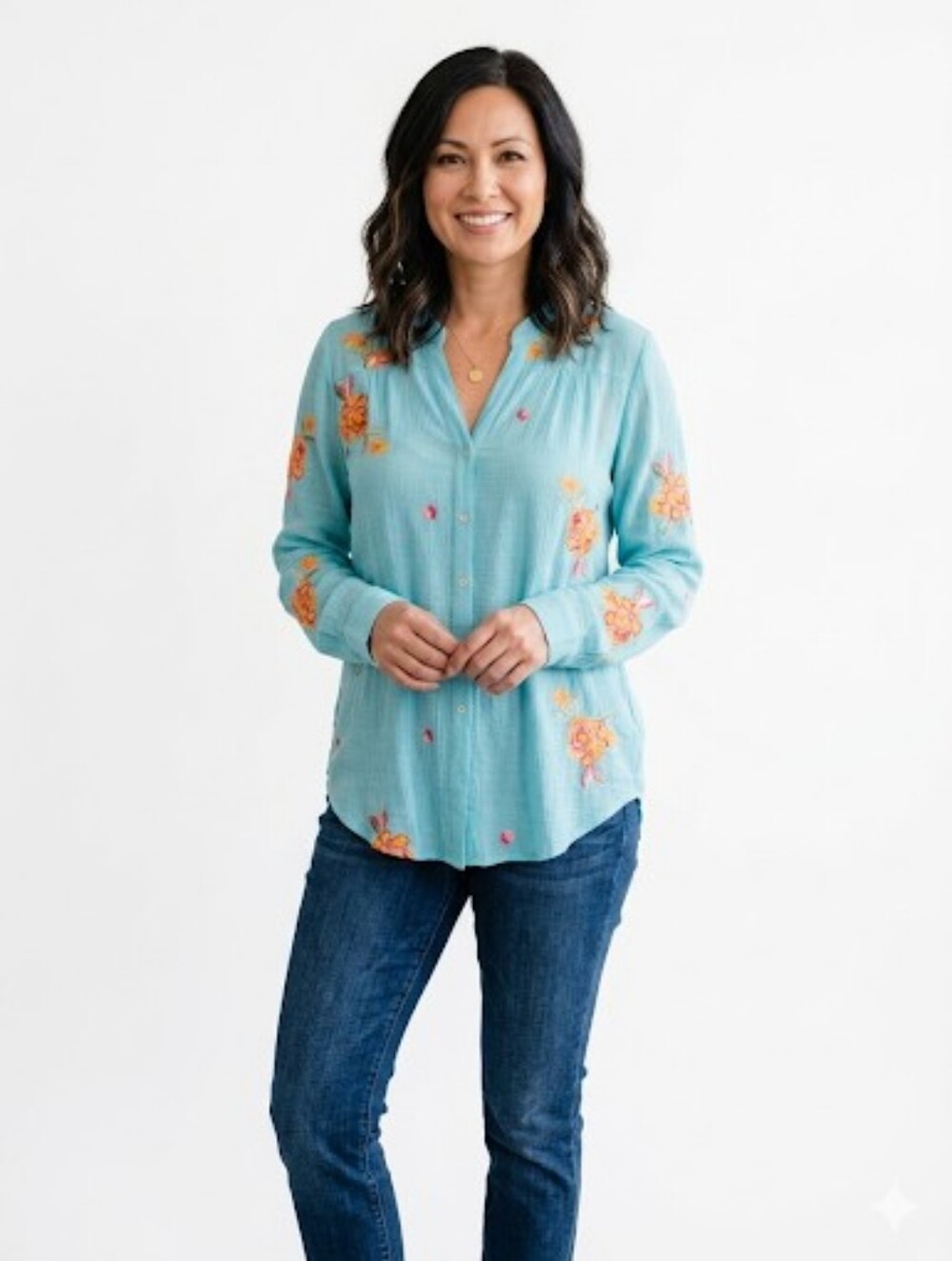 Figueroa & Flower Aqua Blue Embroidered Floral Button Down Blouse Top XL